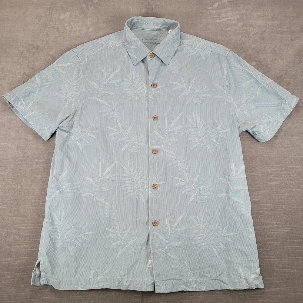 Tommy Bahama Mens Med Blue Silk Bamboo Leaf Jacquard Short Sleeve Button‎ Shirt